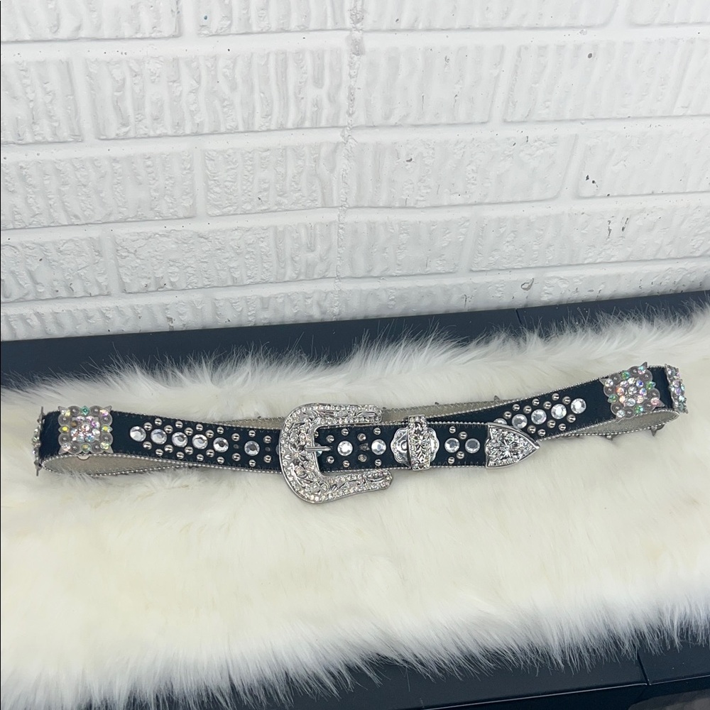 CW Black Rhinestone Western Belt with Silver Buckle Size XL